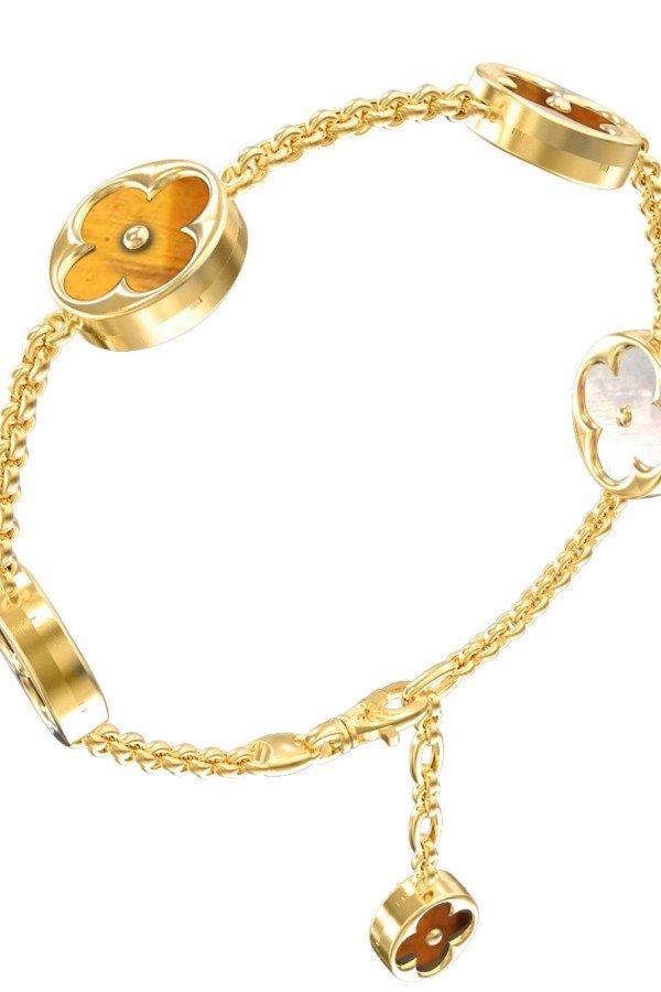 Браслет из лимонного золота c тигровым глазом и перламутром