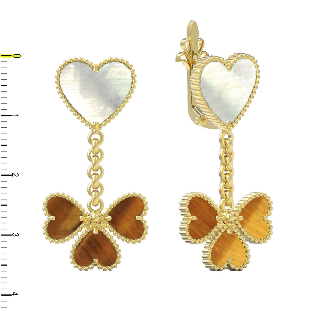 Серьги из лимонного золота 585 пробы c тигровым глазом и перламутром