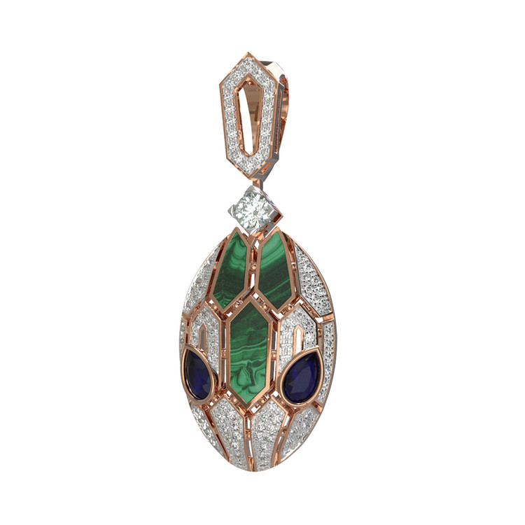 Подвеска из красного золота 585 пробы c бриллиантами, сапфиром и малахитом