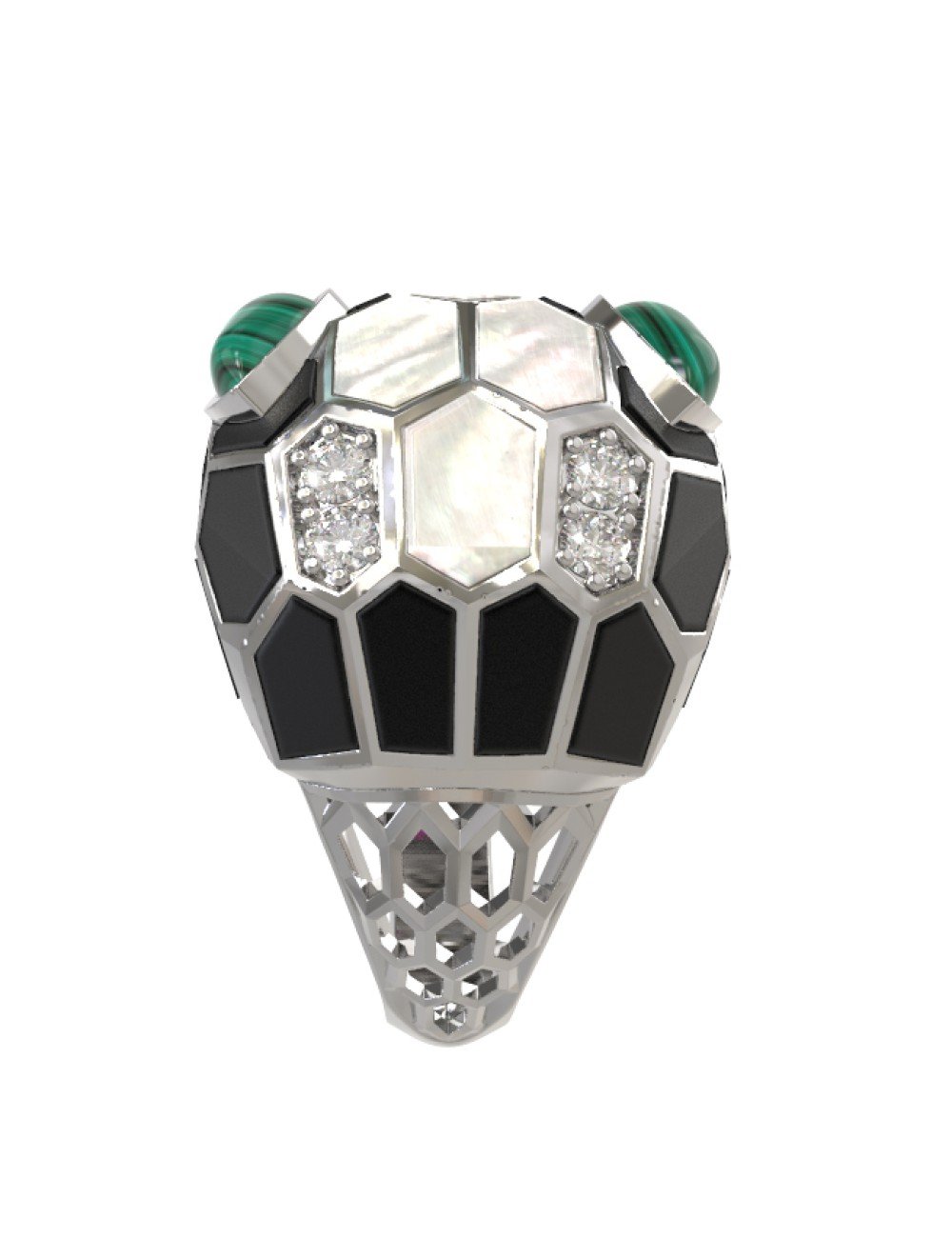 Кольцо из белого золота c бриллиантами, рубином, ониксом, малахитом и перламутром