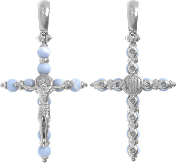 Крест из белого золота 585 пробы c агатом