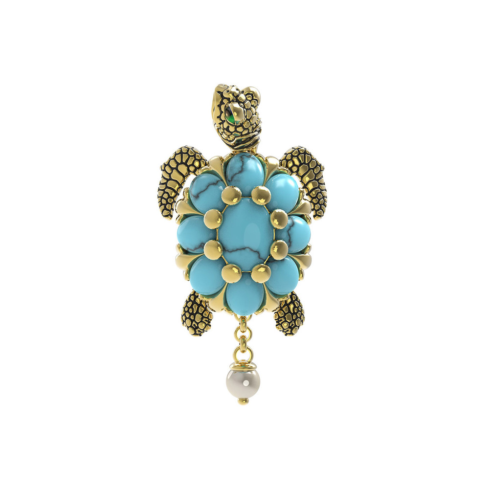 Подвеска из лимонного золота 585 пробы c эмалью, жемчугом и бирюзой