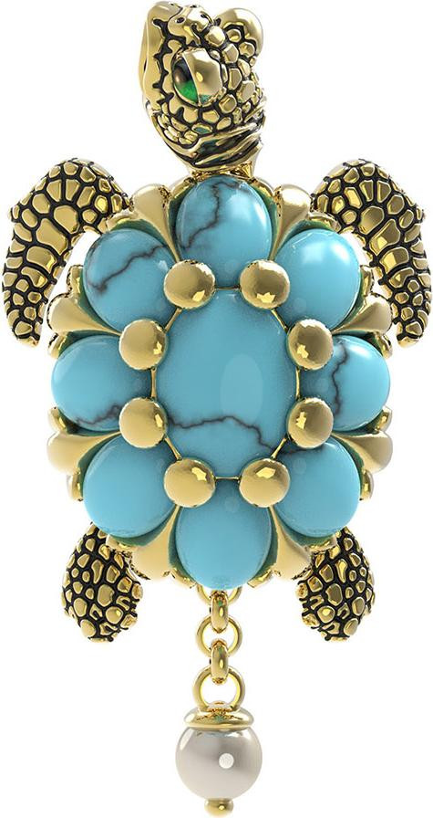 Подвеска из лимонного золота 585 пробы c эмалью, жемчугом и бирюзой