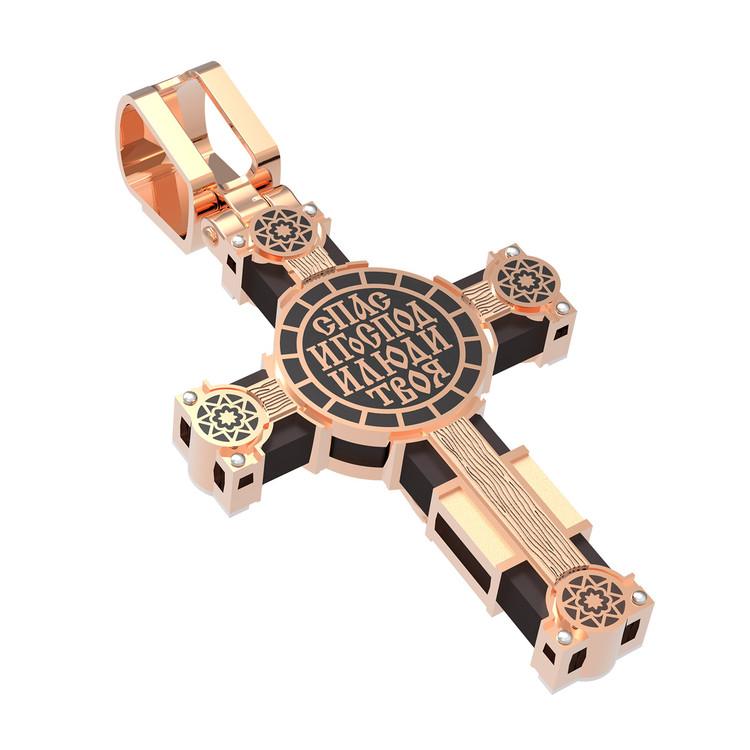 Крест из красного золота 585 пробы c эмалью и эбеновым деревом