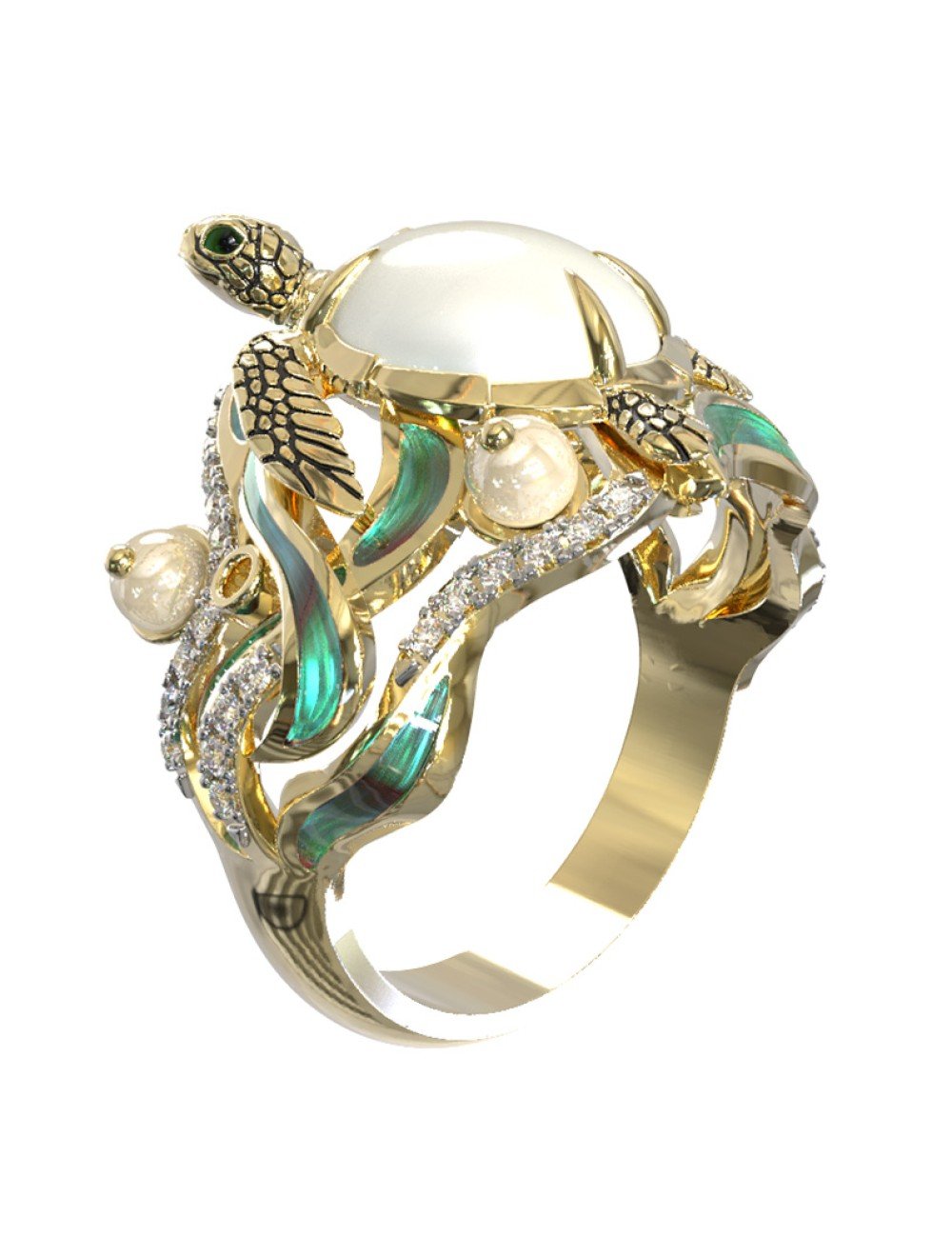 Кольцо из лимонного золота c эмалью, бриллиантами, жемчугом и перламутром