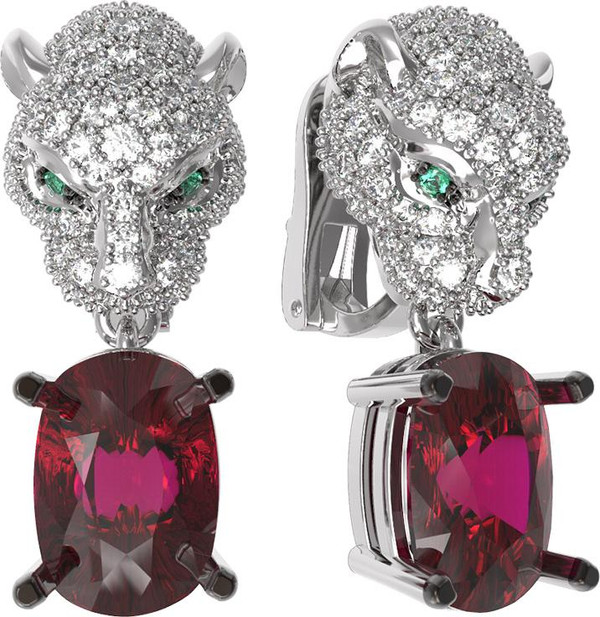 Серьги из белого золота 585 пробы c бриллиантами, рубином и изумрудом