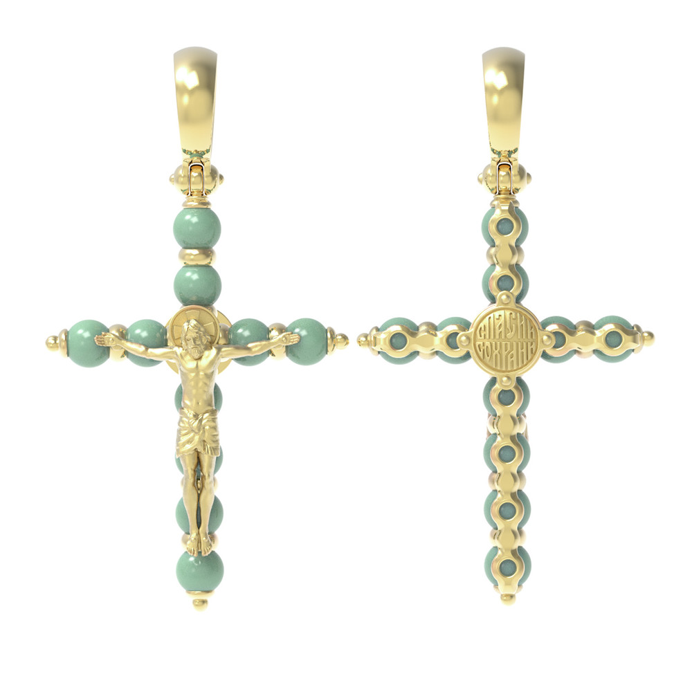 Крест из лимонного золота 585 пробы c нефритом