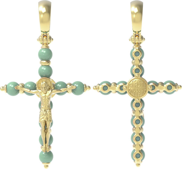 Крест из лимонного золота 585 пробы c нефритом