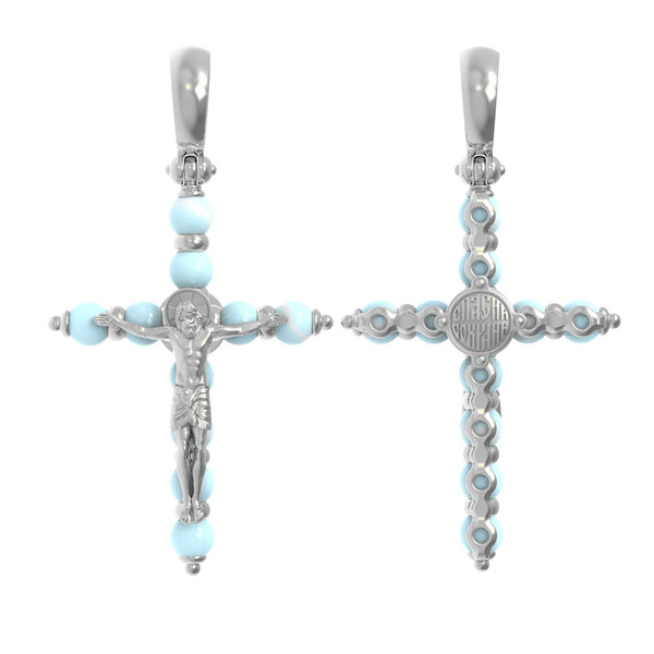 Крест из белого золота 585 пробы c бирюзой