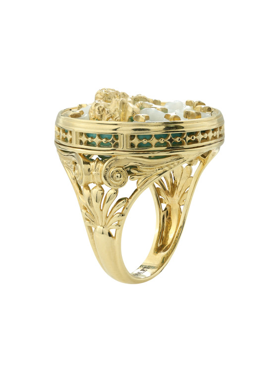 Кольцо из лимонного золота 585 пробы c бирюзой и перламутром