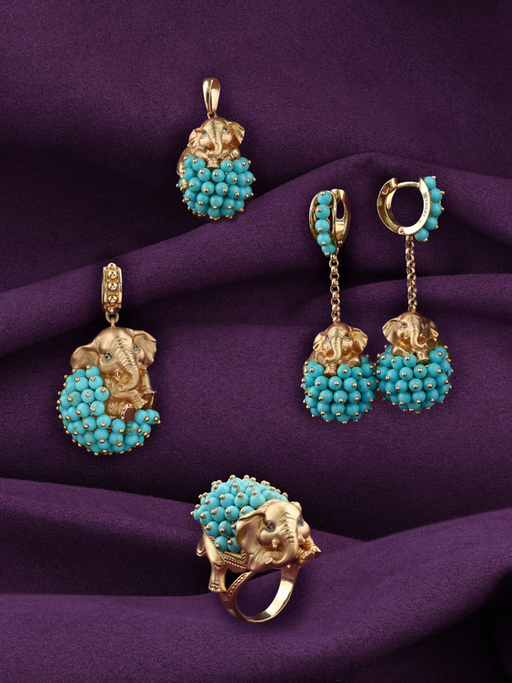 Подвеска из красного золота 585 пробы c эмалью и бирюзой