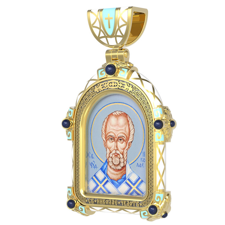 Нательная икона из лимонного золота 585 пробы c эмалью, иконописью и темперой