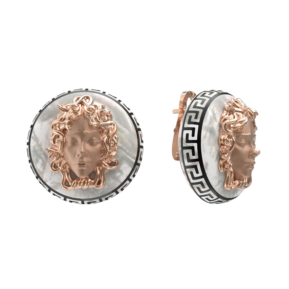 Серьги из красного золота 585 пробы c эмалью и перламутром