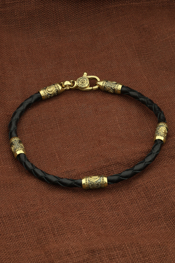 Браслет-шнурок из лимонного золота 585 пробы c кожаным шнурком