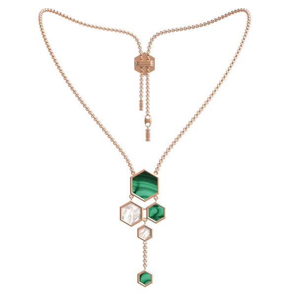 Колье из красного золота 585 пробы c малахитом и перламутром