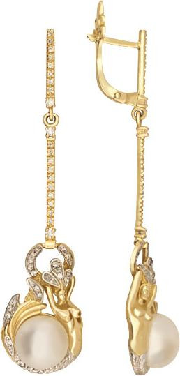 Серьги из лимонного золота 585 пробы c бриллиантами и жемчугом