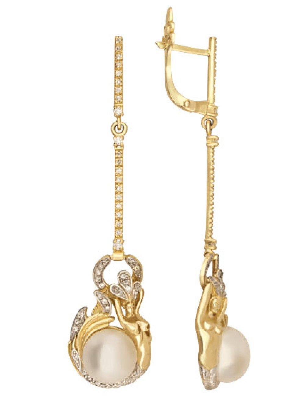 Серьги из лимонного золота c бриллиантами и жемчугом