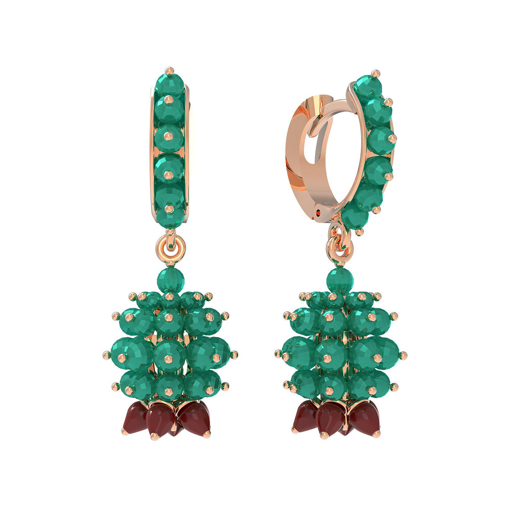 Серьги из красного золота 585 пробы c гранатом, хризопразом и кораллом