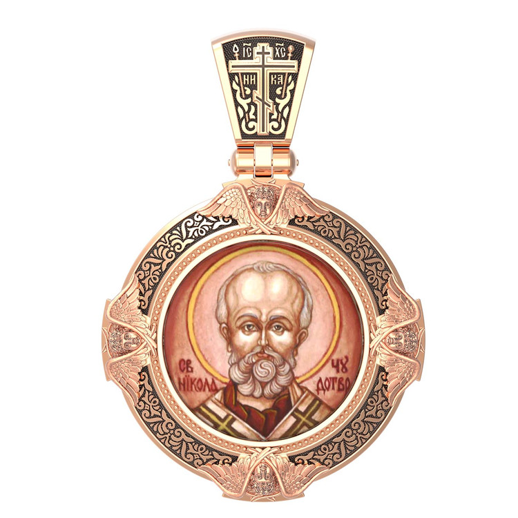 Нательная икона из красного золота 585 пробы c эмалью, иконописью и темперой