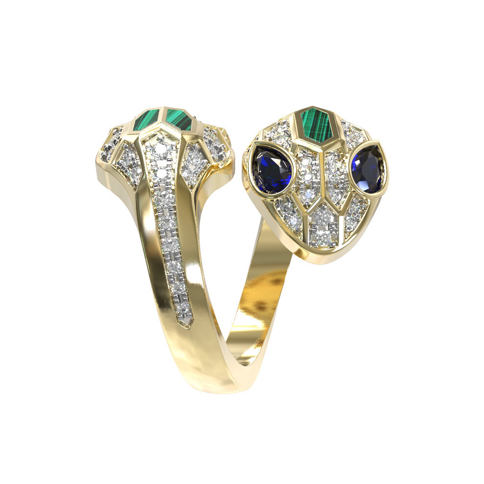 Кольцо из лимонного золота 585 пробы c бриллиантами, сапфиром и малахитом