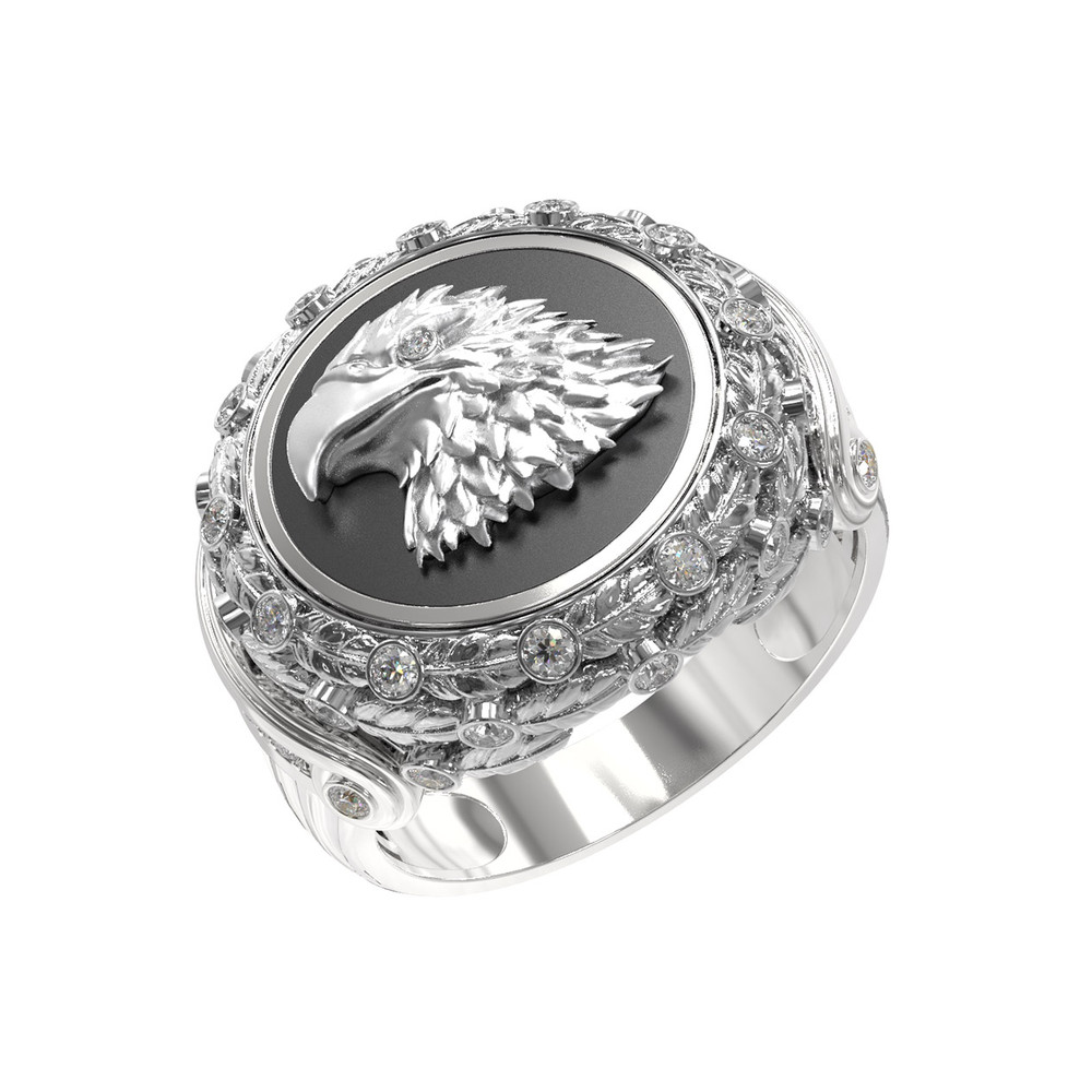 Кольцо из белого золота 585 пробы c бриллиантами и ониксом