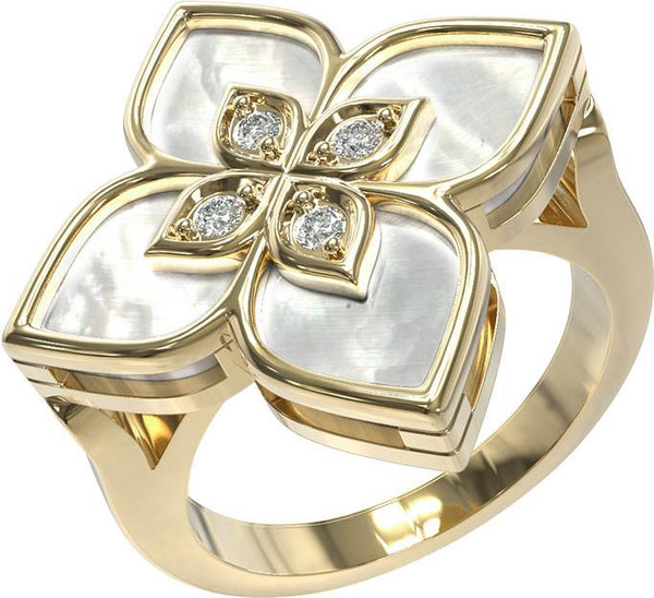 Кольцо из лимонного золота 585 пробы c бриллиантами и перламутром