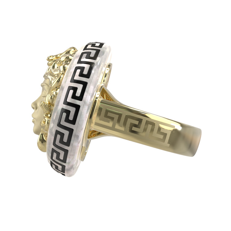 Кольцо из лимонного золота 585 пробы c эмалью и перламутром