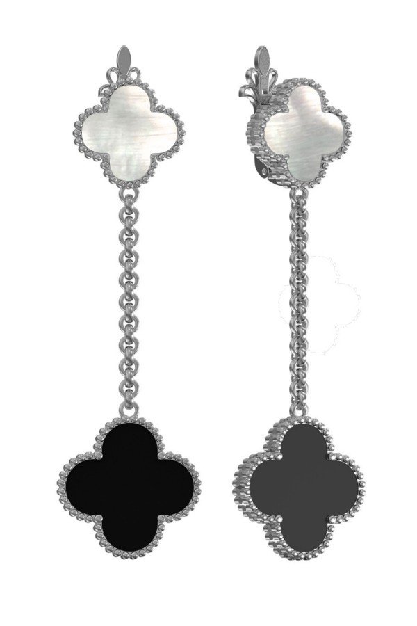 Серьги из белого золота c ониксом и перламутром