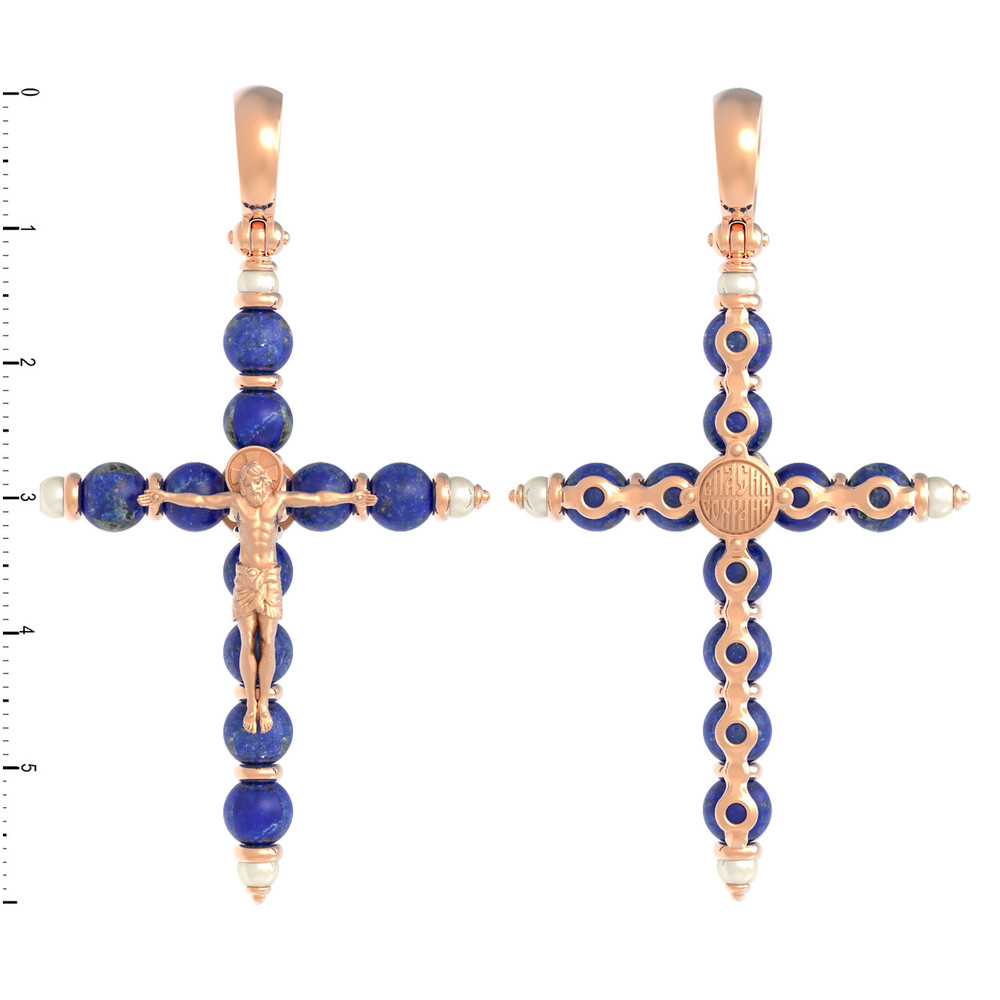 Крест из красного золота 585 пробы c жемчугом и лазуритом