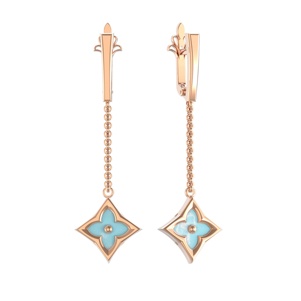 Серьги из красного золота 585 пробы c бирюзой