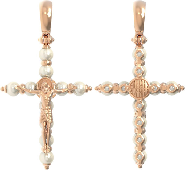 Крест из красного золота 585 пробы c жемчугом