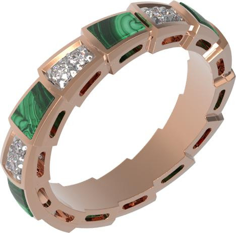 Кольцо из красного золота 585 пробы c бриллиантами и малахитом