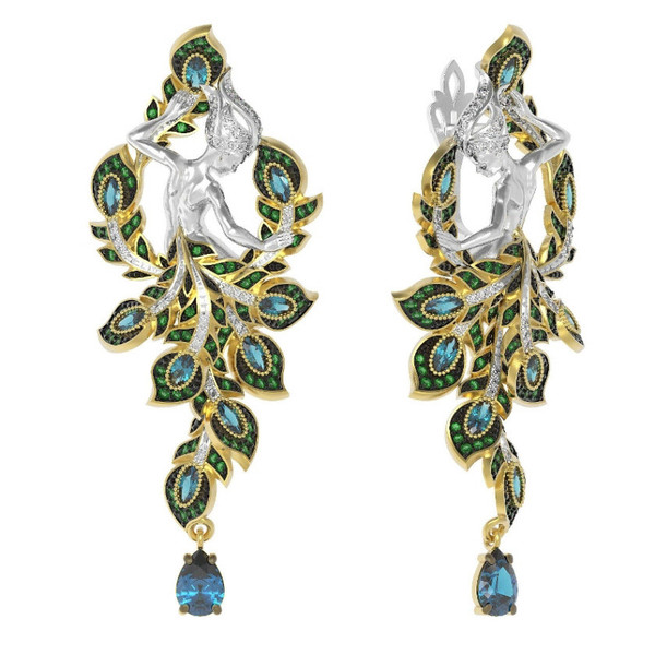 Серьги из лимонного золота 585 пробы c фианитом и топазом London Blue