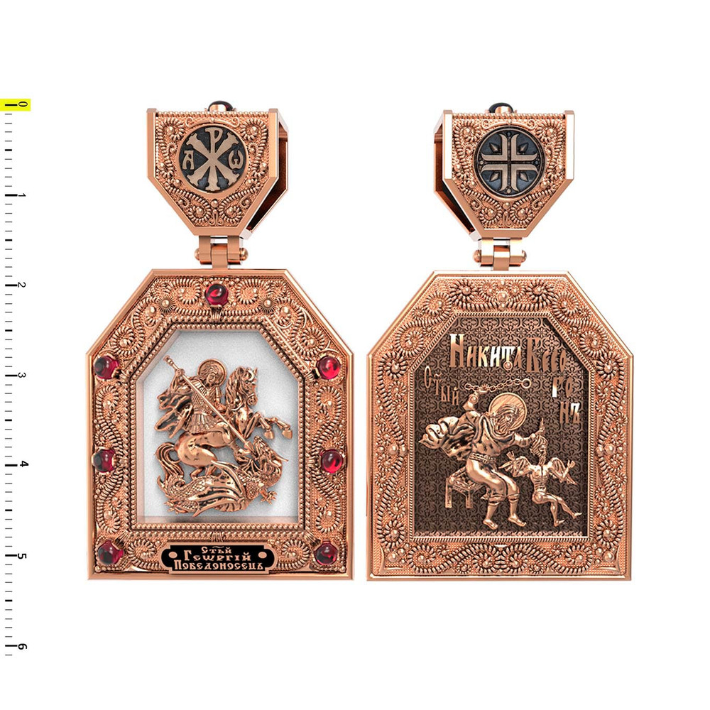 Нательная икона из красного золота 585 пробы c эмалью и рубином