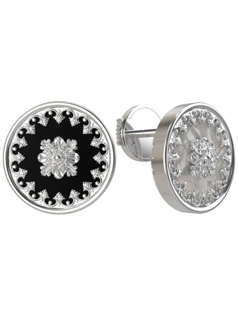 Серьги из белого золота c ониксом и перламутром