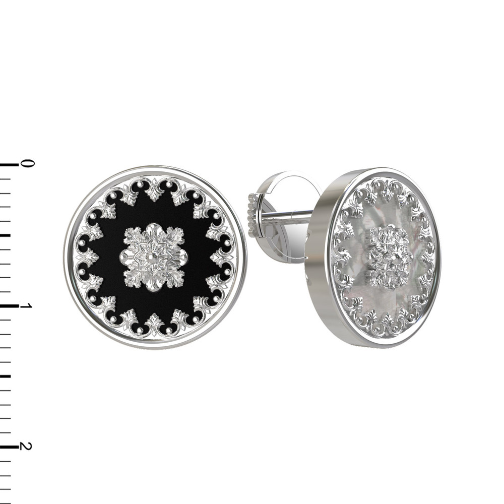 Серьги из белого золота 585 пробы c ониксом и перламутром