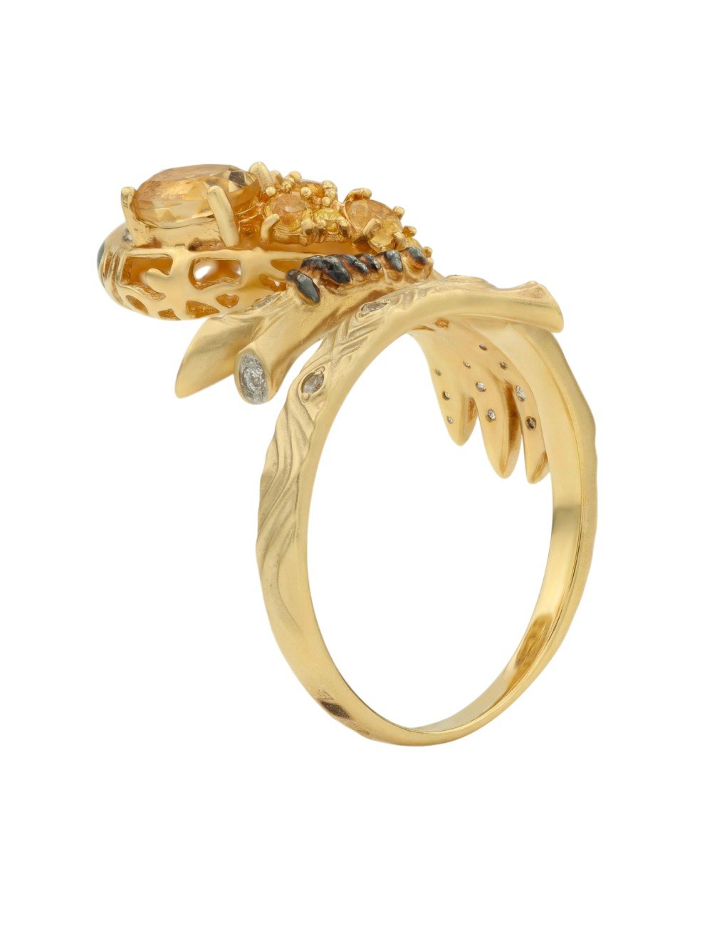 Кольцо из лимонного золота c эмалью, фианитом, цитрином и сапфиром