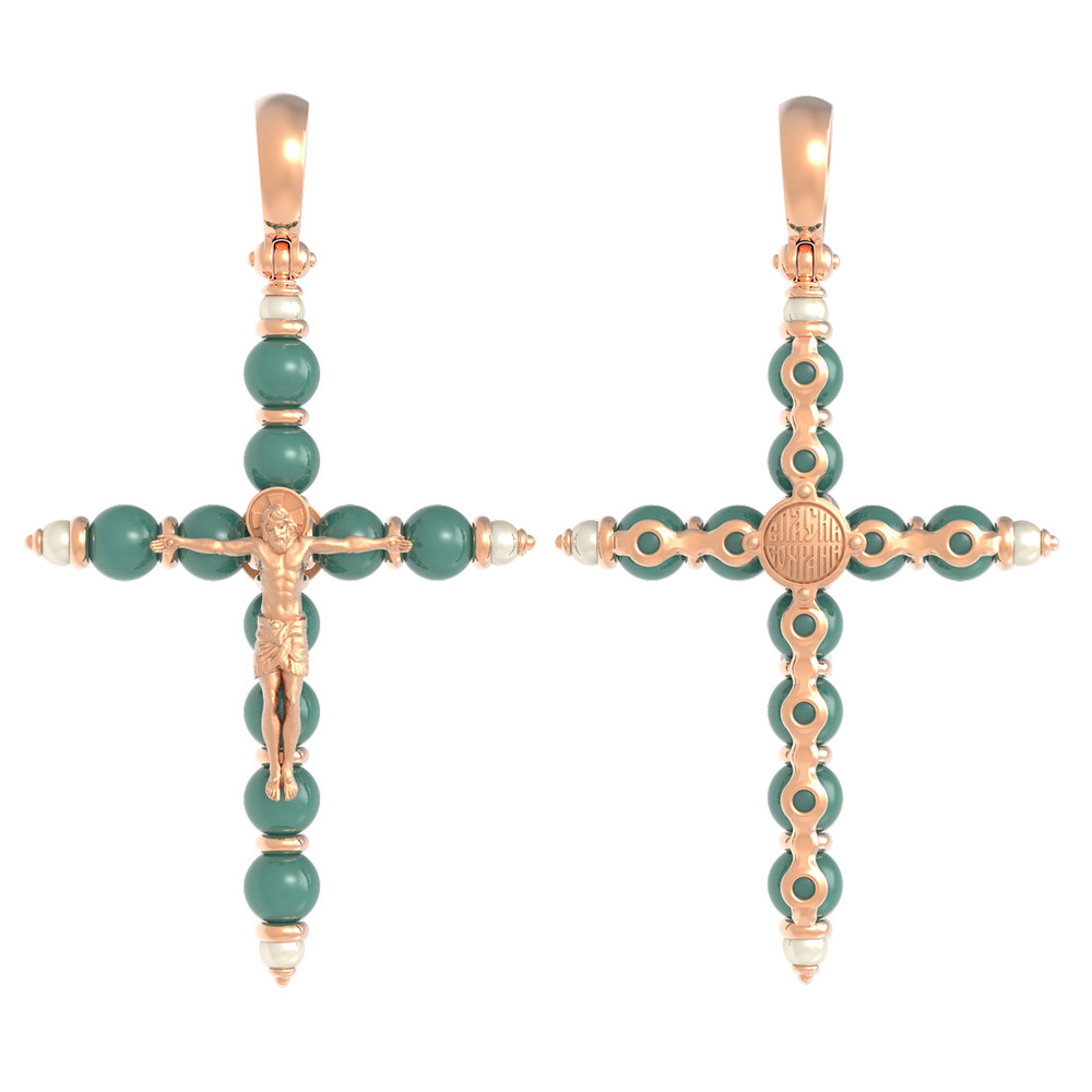 Крест из красного золота 585 пробы c жемчугом и бирюзой