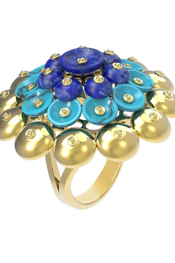Кольцо из лимонного золота c бирюзой и лазуритом