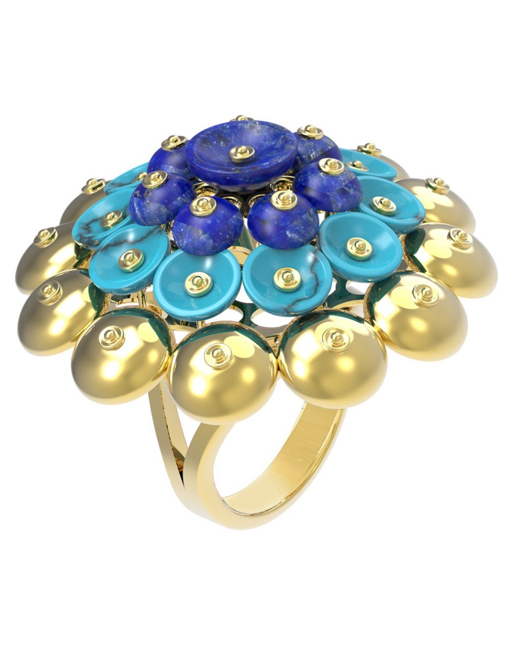 Кольцо из лимонного золота c бирюзой и лазуритом