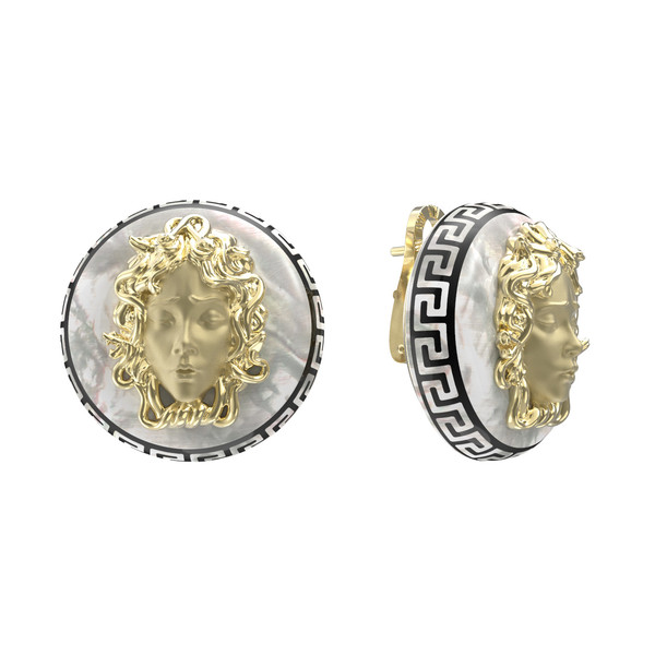 Серьги из лимонного золота 585 пробы c эмалью и перламутром