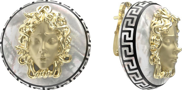 Серьги из лимонного золота 585 пробы c эмалью и перламутром