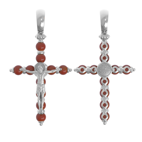 Крест из белого золота 585 пробы c кораллом