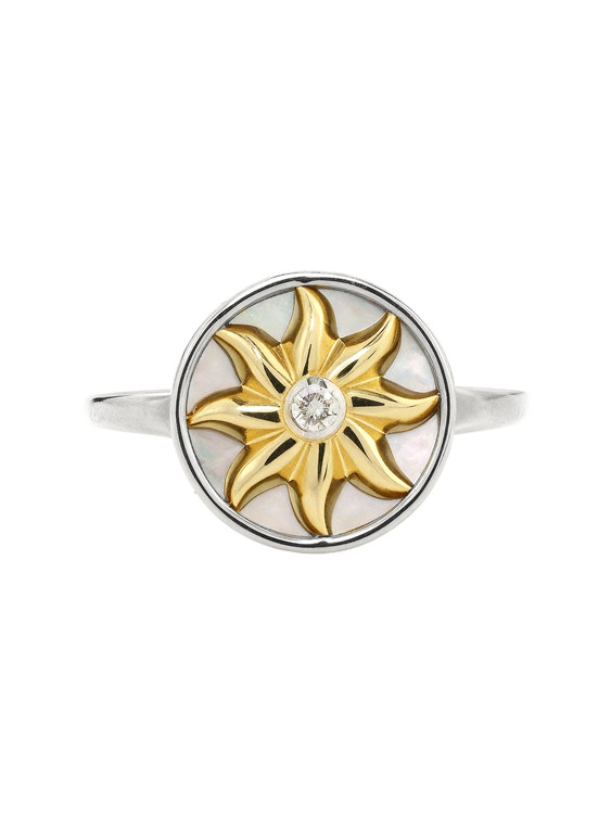 Кольцо из белого золота 585 пробы c бриллиантами и перламутром