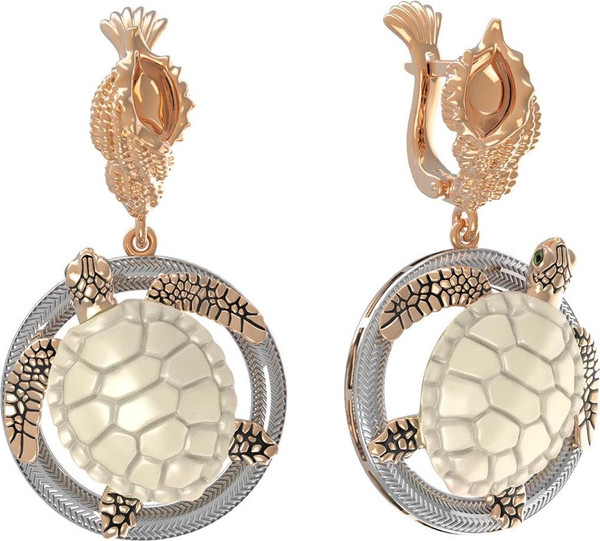 Серьги из красного золота 585 пробы c эмалью и бивнем мамонта