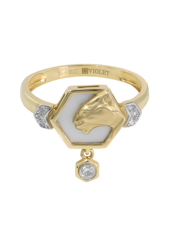 Кольцо из лимонного золота 585 пробы c бриллиантами и перламутром