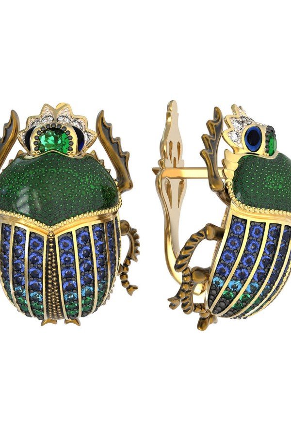 Серьги из лимонного золота c эмалью, фианитом и турмалином