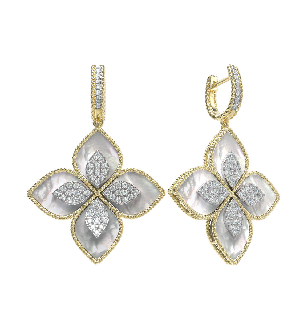 Серьги из лимонного золота 585 пробы c бриллиантами и перламутром