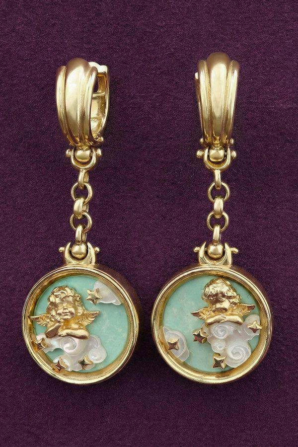 Серьги из лимонного золота 585 пробы c бирюзой и перламутром