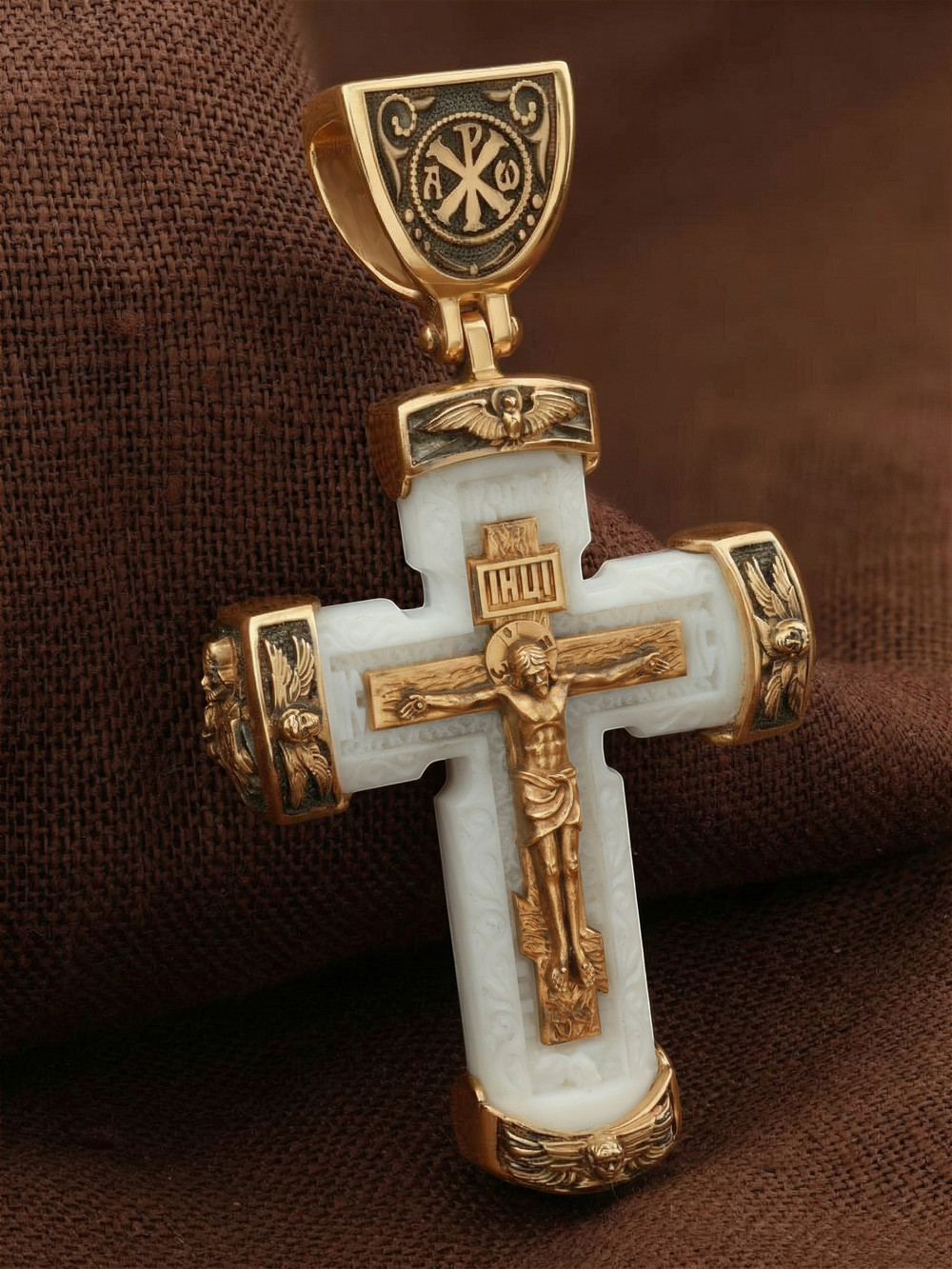 Крест из красного золота 585 пробы c бивнем мамонта